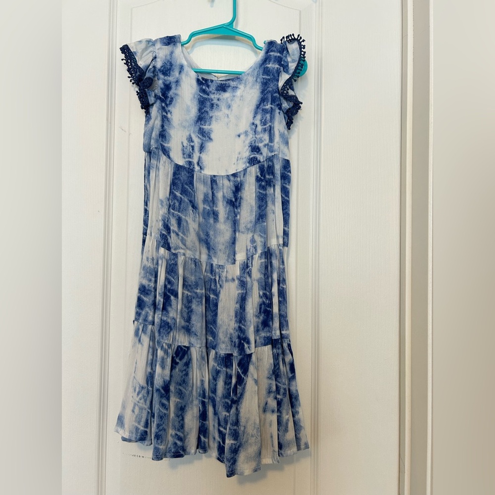 Rare Editions Girls Blue and White Tie-Dye Tiered Dress